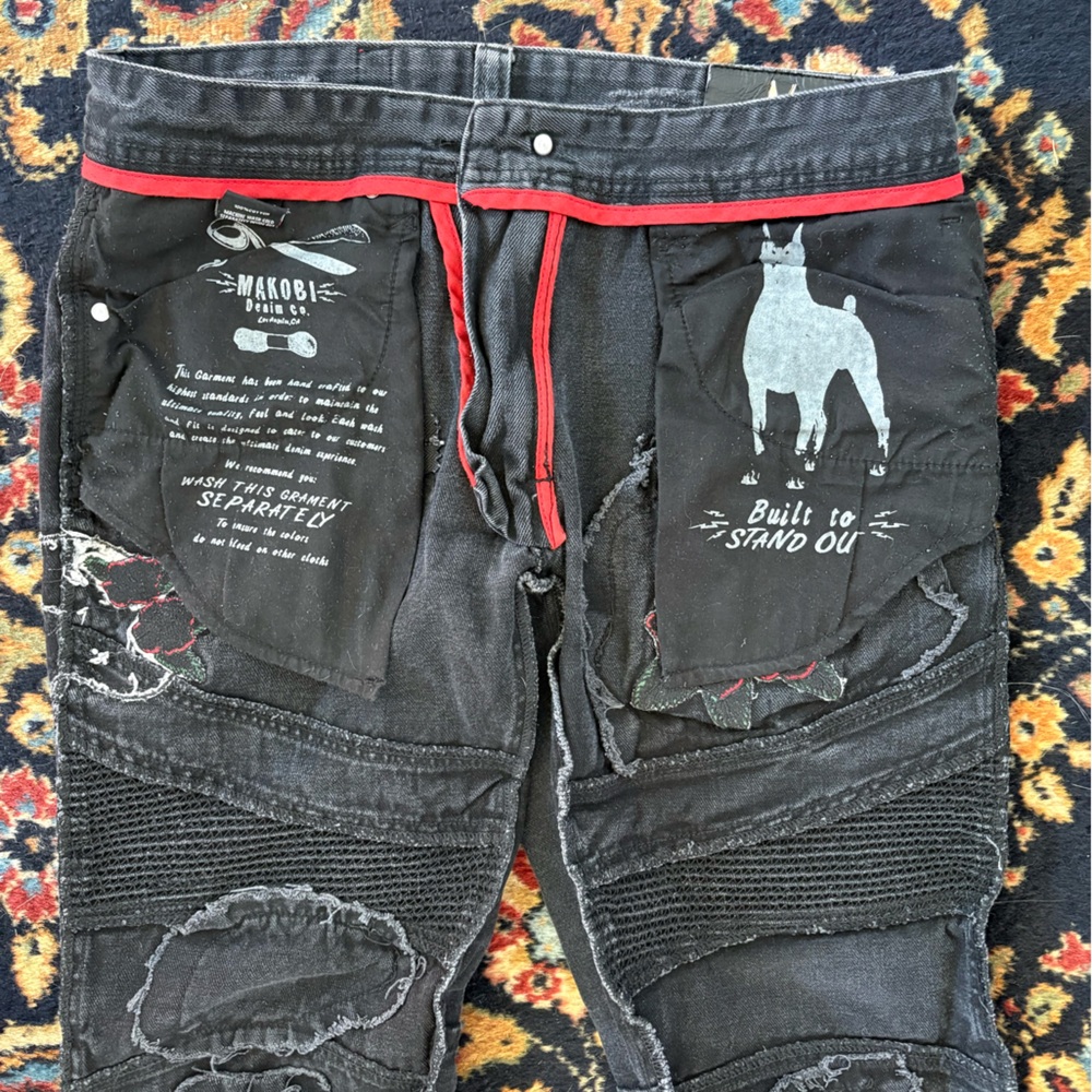 Men’s Makobi Biker Black Jeans Rose Embroidery Zip Detail Sz. 32x32 - Picture 10 of 16